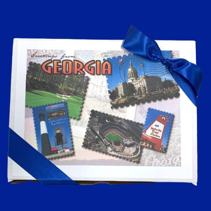 Box with replica of  postcards label that reads &