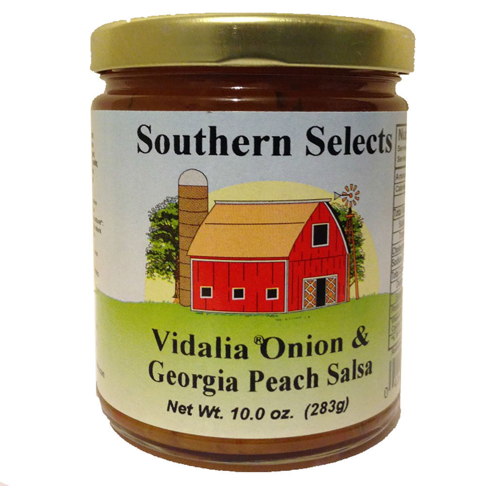 Vidalia onion peach salsa in a 10 ounce glass jar