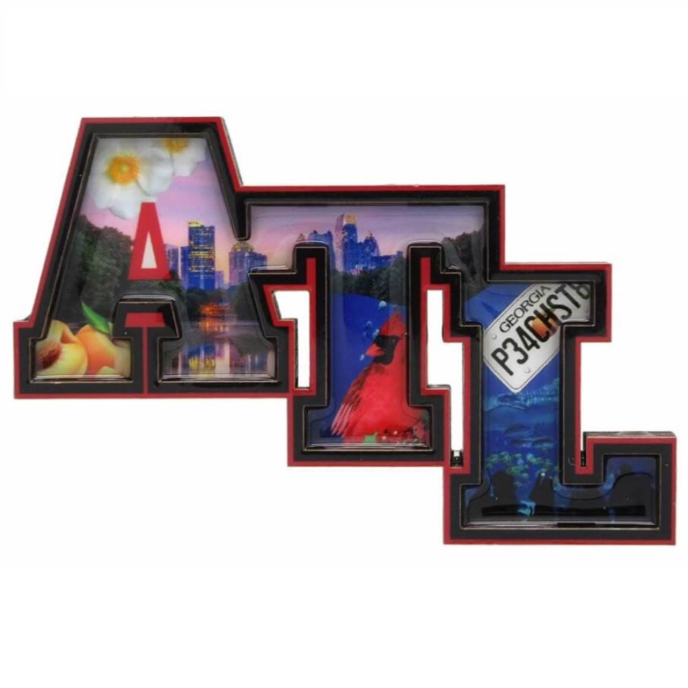 Die cut letters ATL show images of the Atlanta skyline, Georgia peaches, Georgia Aquarium inside this Atlanta magnet
