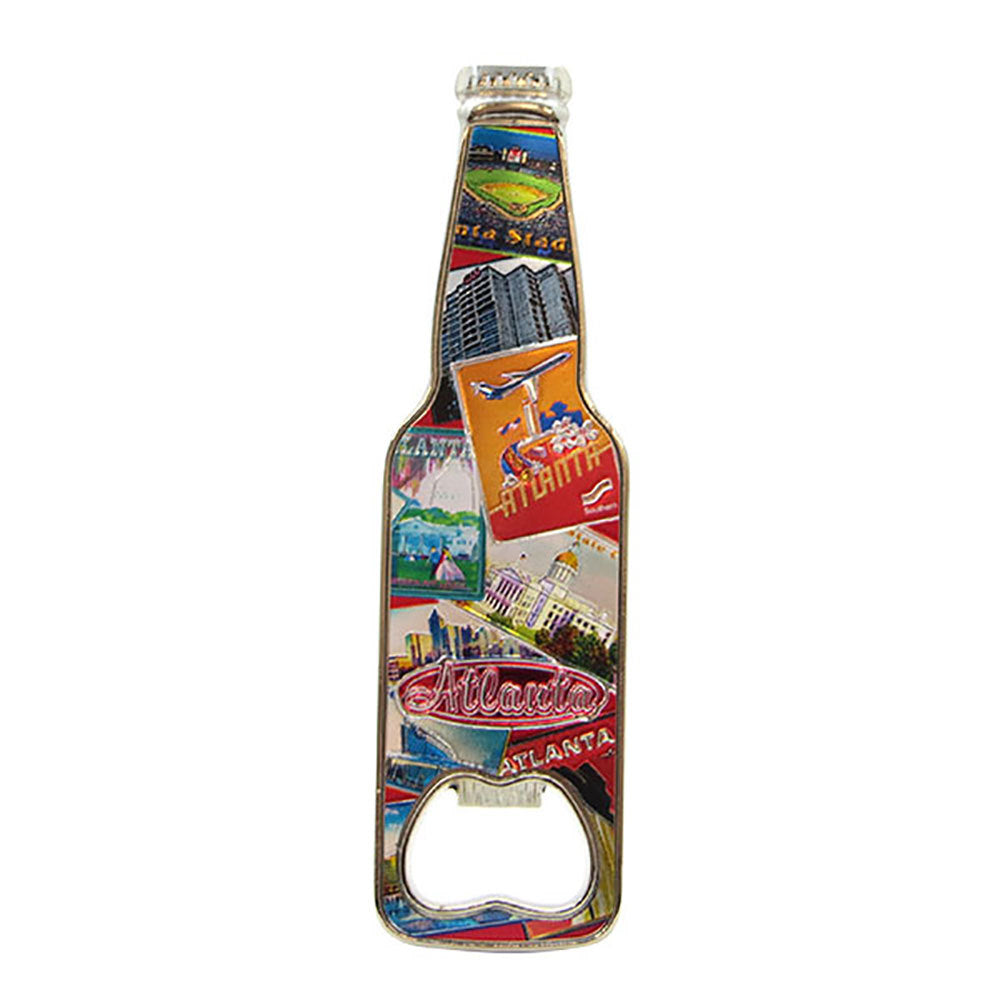 Retro collage Atlanta bottle opener magnet in the shape of a bottle with 3d graphics of downtown Atlanta