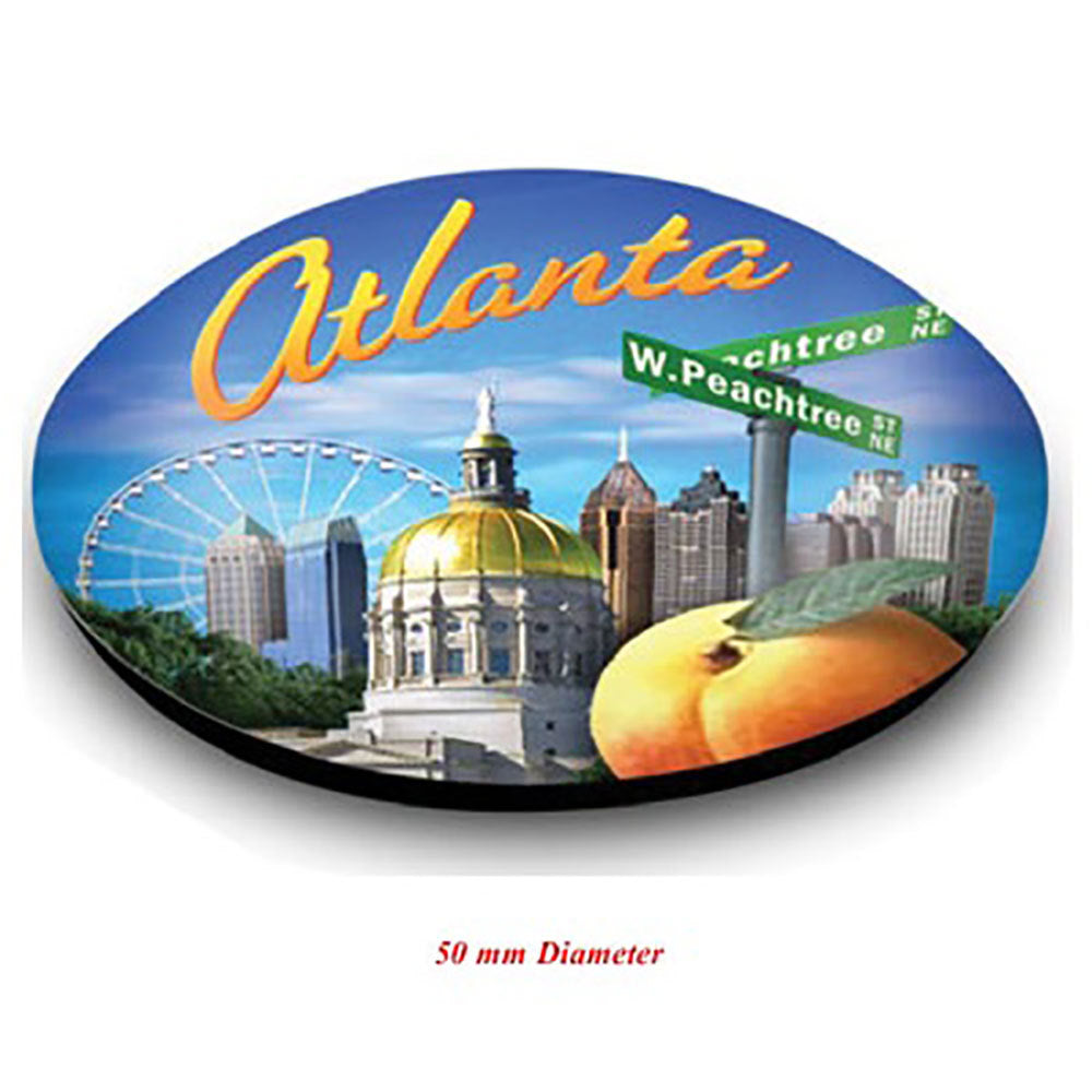 Round glass Atlanta magnet with images of the state capitol, Georgia peach, Atlanta skyline and other Atlanta landmarks