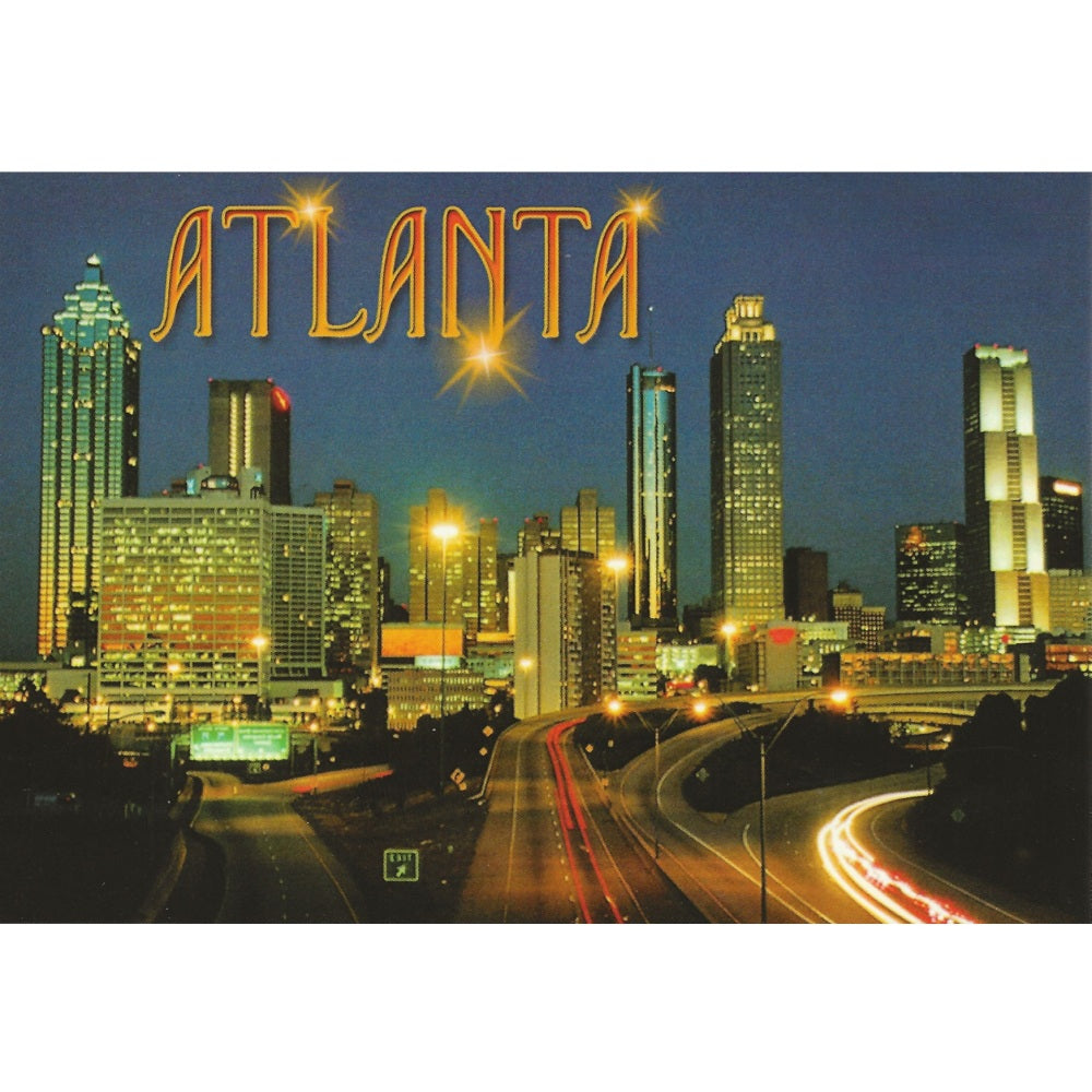 Atlanta postcard with night view of Atlanta skyline from the expressway