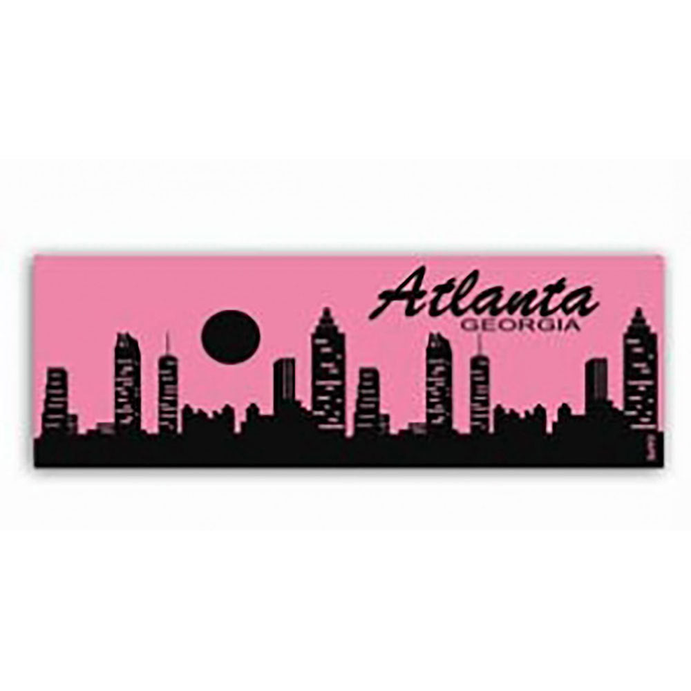 Pink Atlanta magnet with black skyline image beneath the word Atlanta