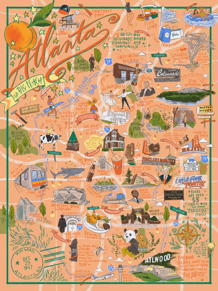 Puzzle with illustrated map of Atlanta with various landmarks and icons