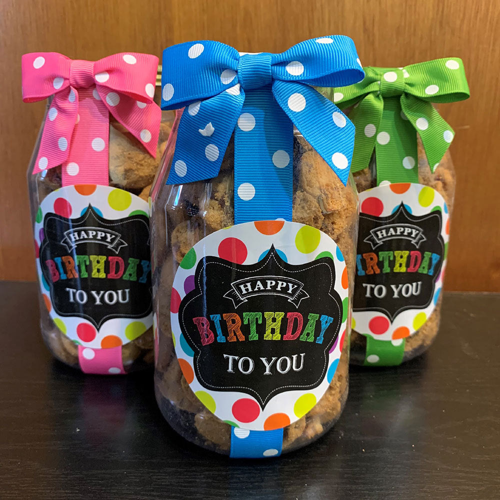 Nam's chocolate chip cookie jar with happy birthday label and polka dot bow