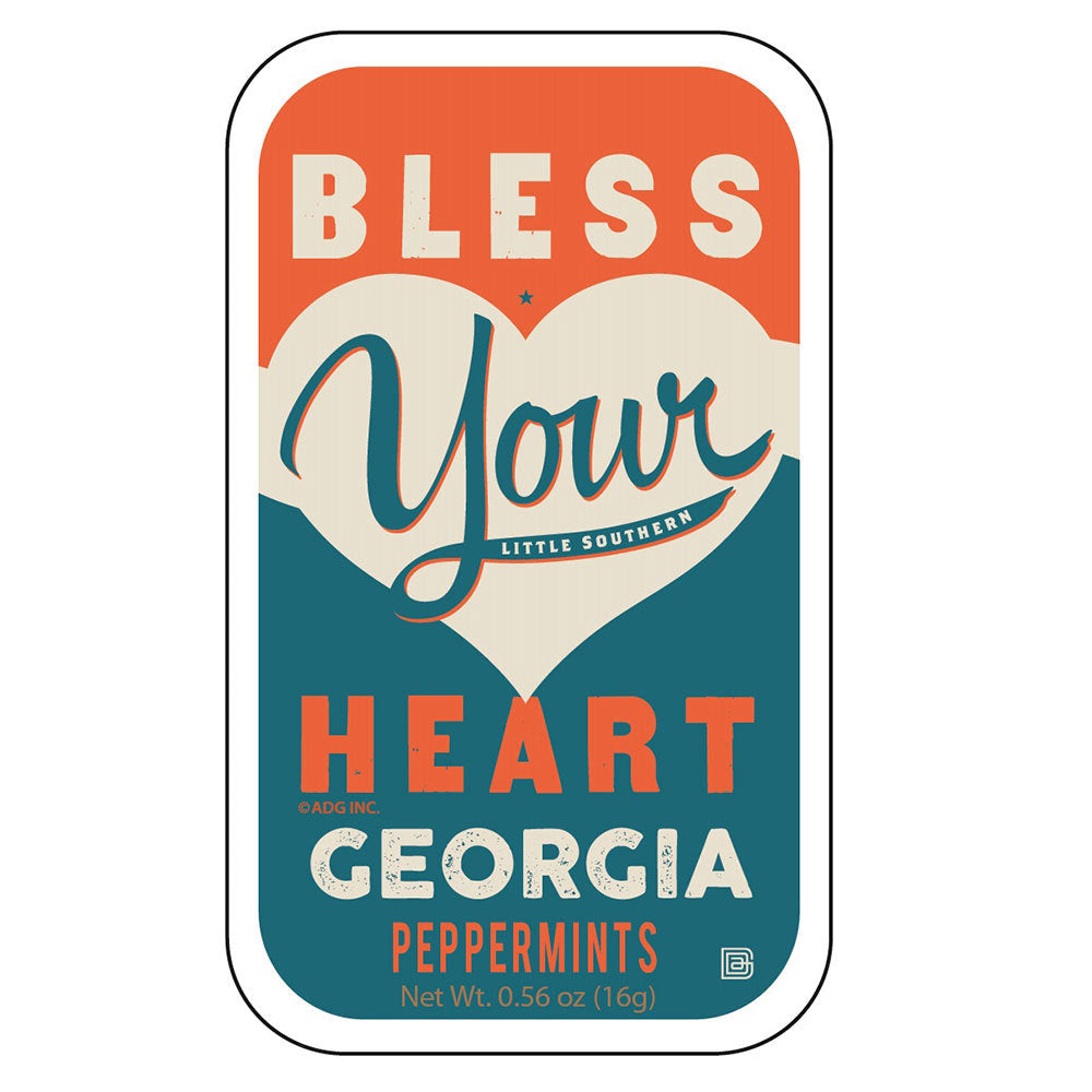 Metal tin with sliding lid that reads Bless Your Heart Georgia in red, white and blue