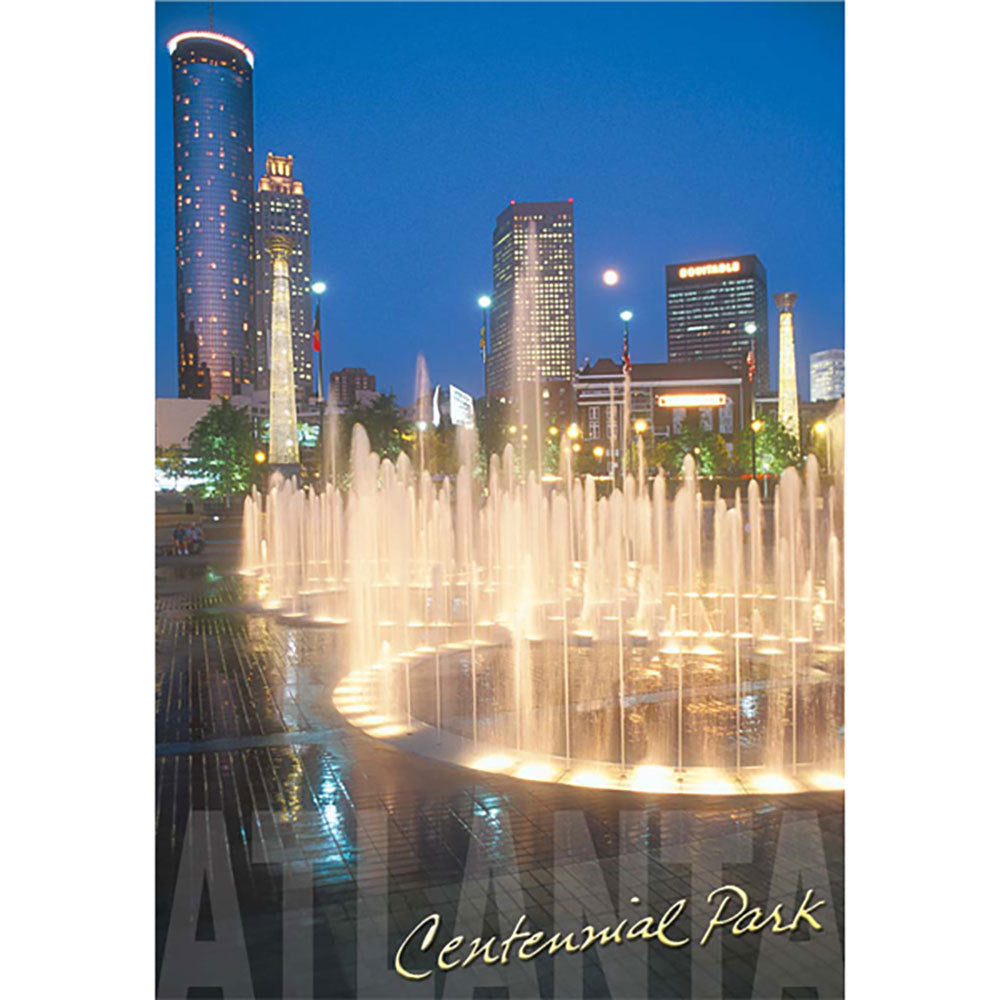Atlanta postcard with Centennial Olympic Park fountain and the Atlanta skyline in the background