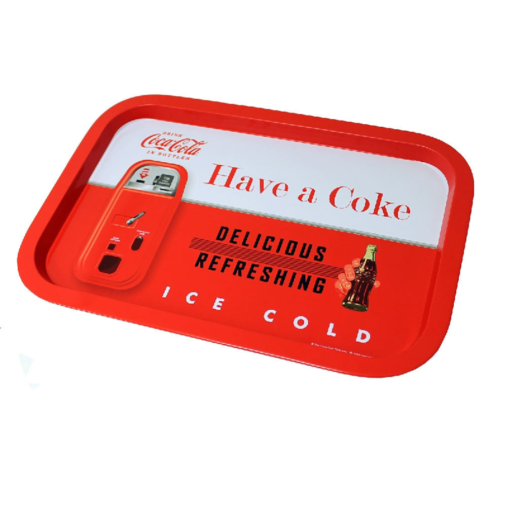 Coca Cola serving tray with black, red and white writing