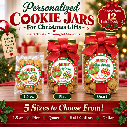Three cookie jars with red bows and holiday-themed labels are shown on a wooden surface with Christmas lights and ornaments in the background. The image includes promotional text for personalized cookie jars in multiple sizes.