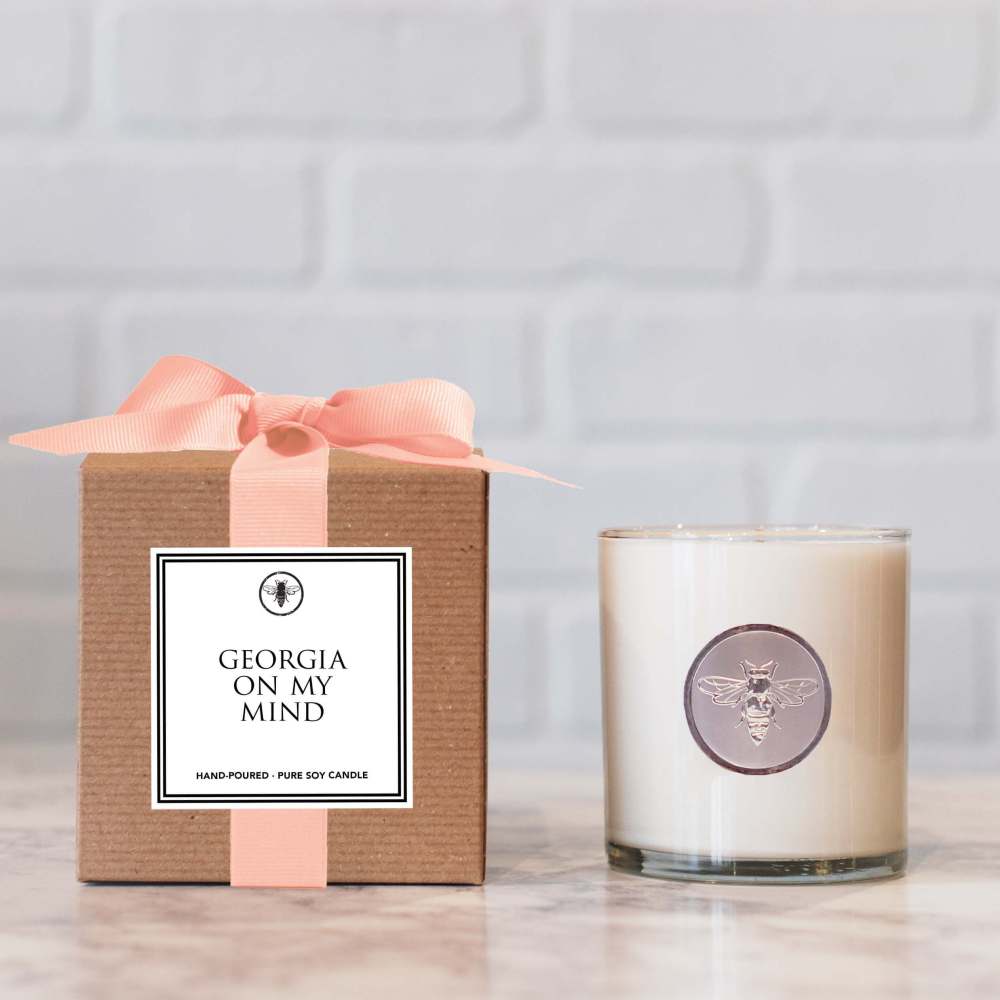 Georgia On My Mind hand poured and soy candle placed in brown box with ribbon