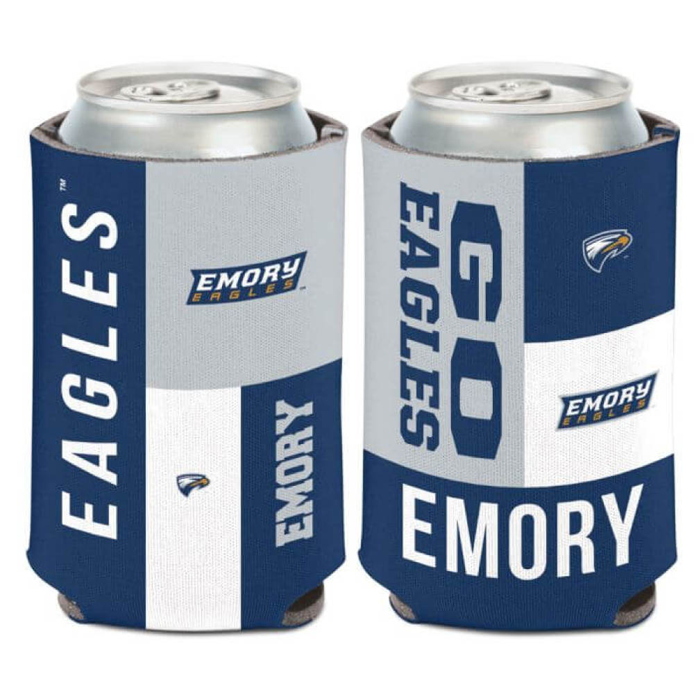 Emory University can cooler with blue and grey color block design displays Emory logos throughout.