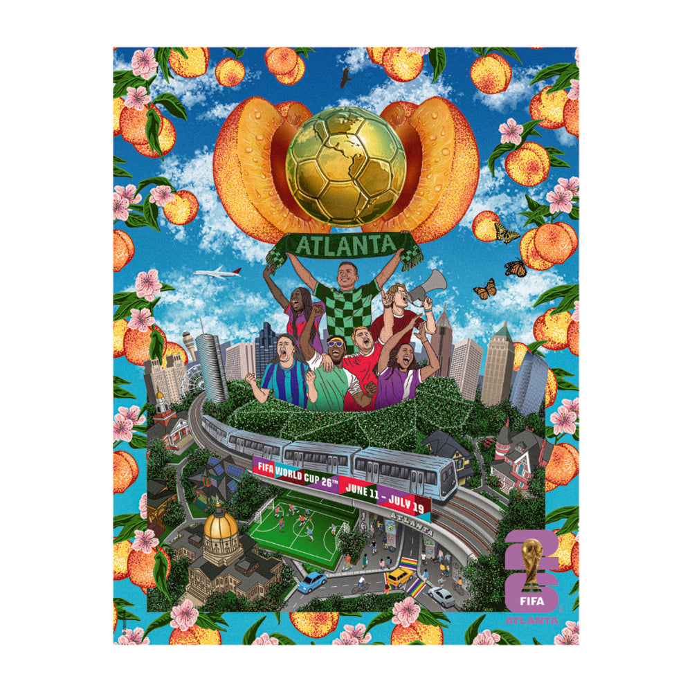 Beautifully illustrated Atlanta poster magnet for FIFA World Cup 2026 features iconic city art and soccer imagery.
