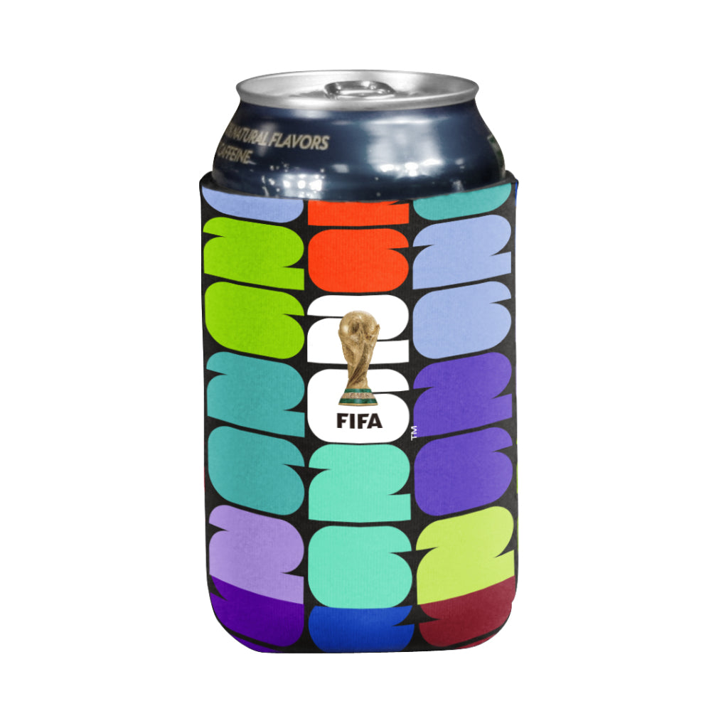 FIFA insulated can holder coozie with FIFA logo repeated throughout in vibrant colors
