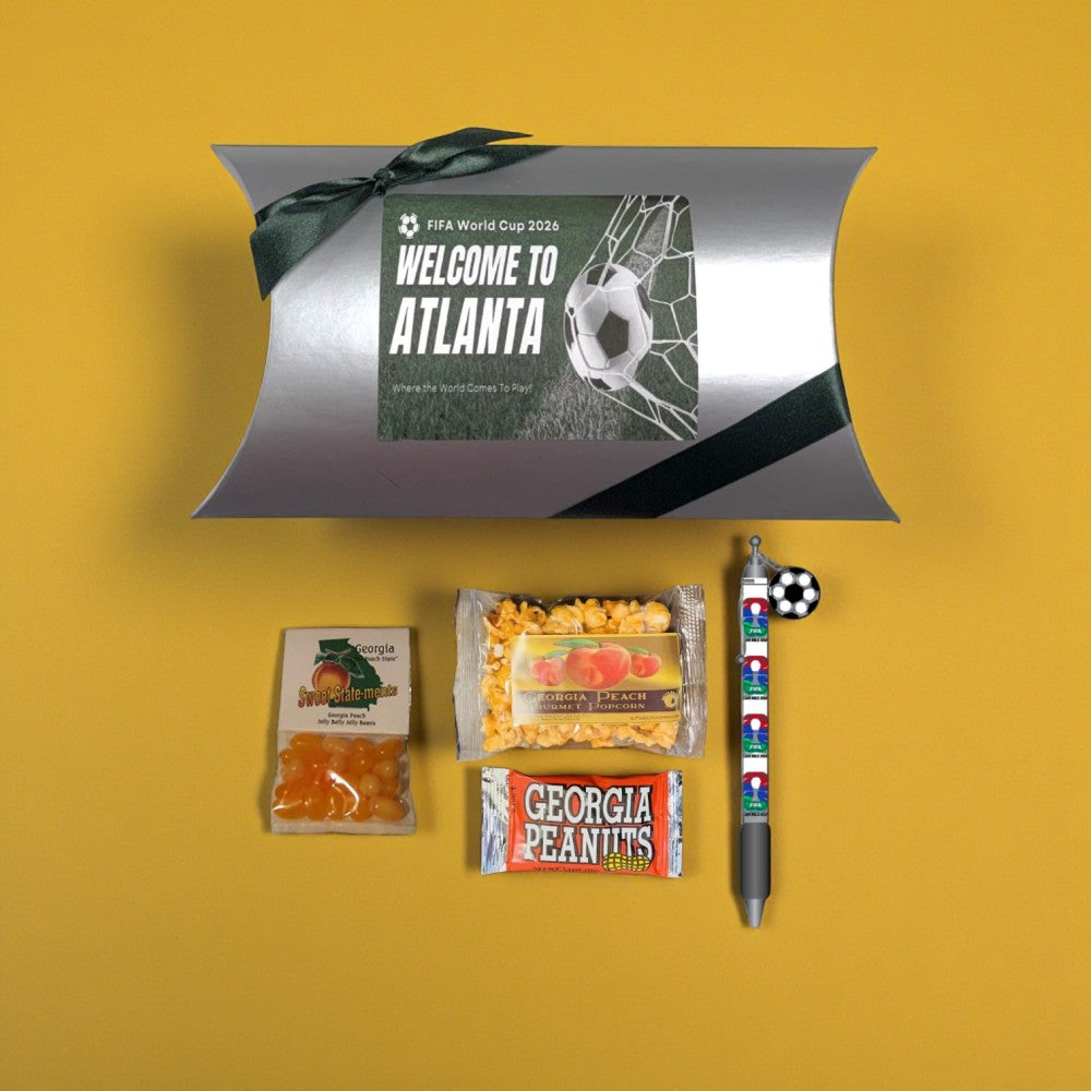 FIFA World Cup soccer pen and a selection of Georgia foods in a silver gift box