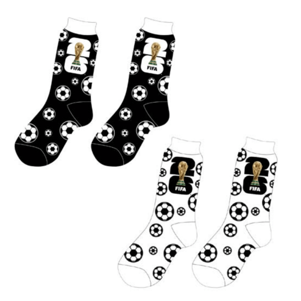 FIFA World Cup souvenir socks featuring soccer ball graphics and FIFA logo available in black or white