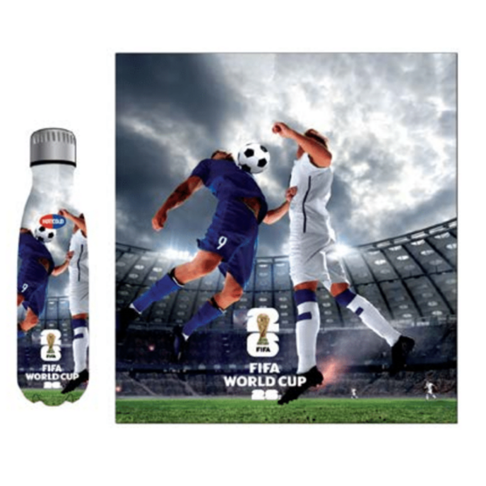 FIFA World Cup stainless steel water bottle with vibrant soccer tournament graphics