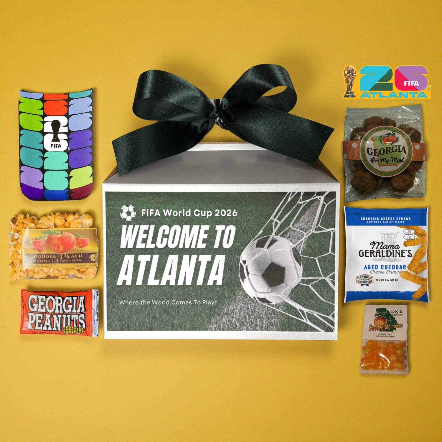 Gift box with FIFA World Cup 2026 branding and snacks on a yellow background