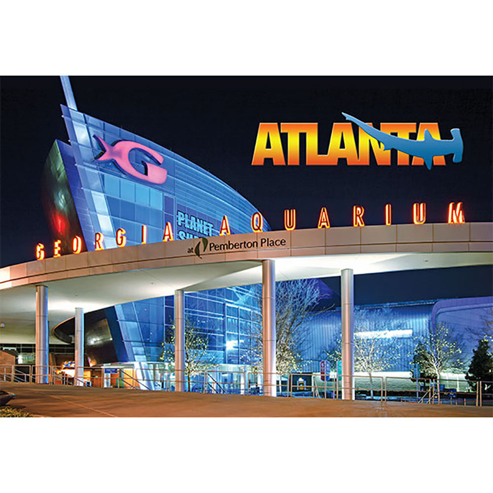 Georgia Aquarium Postcard with display of the outside of aquarium at nighttime