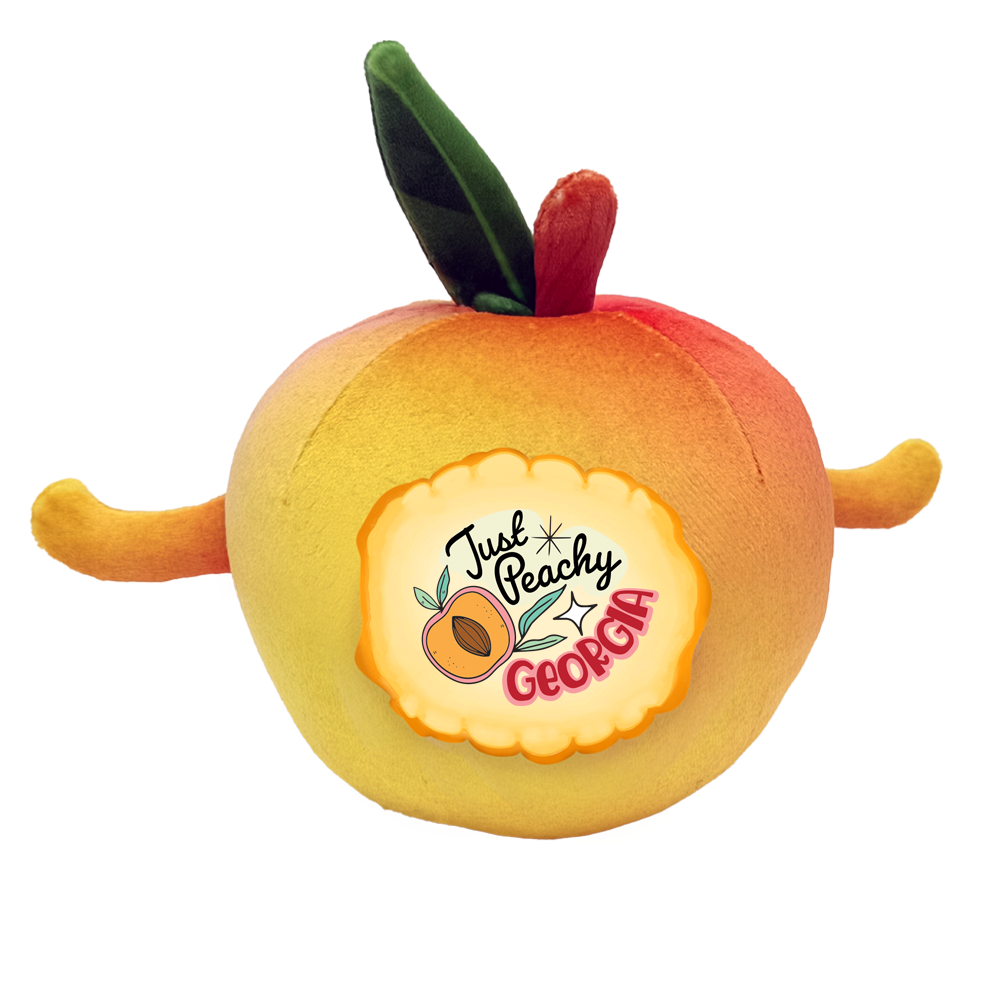 Back side of a plush peach toy with &