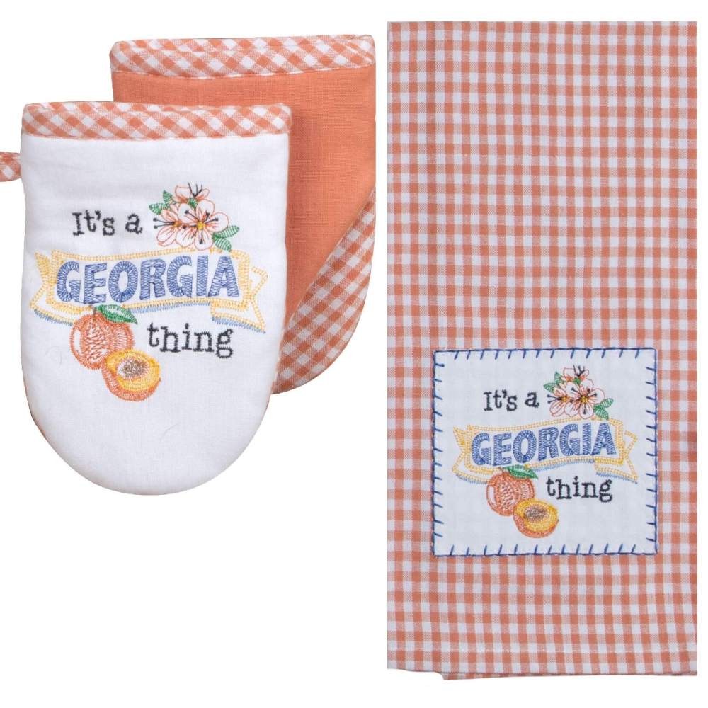Peach plaid Georgia kitchen towel and matching oven mitt both embroidered with It&