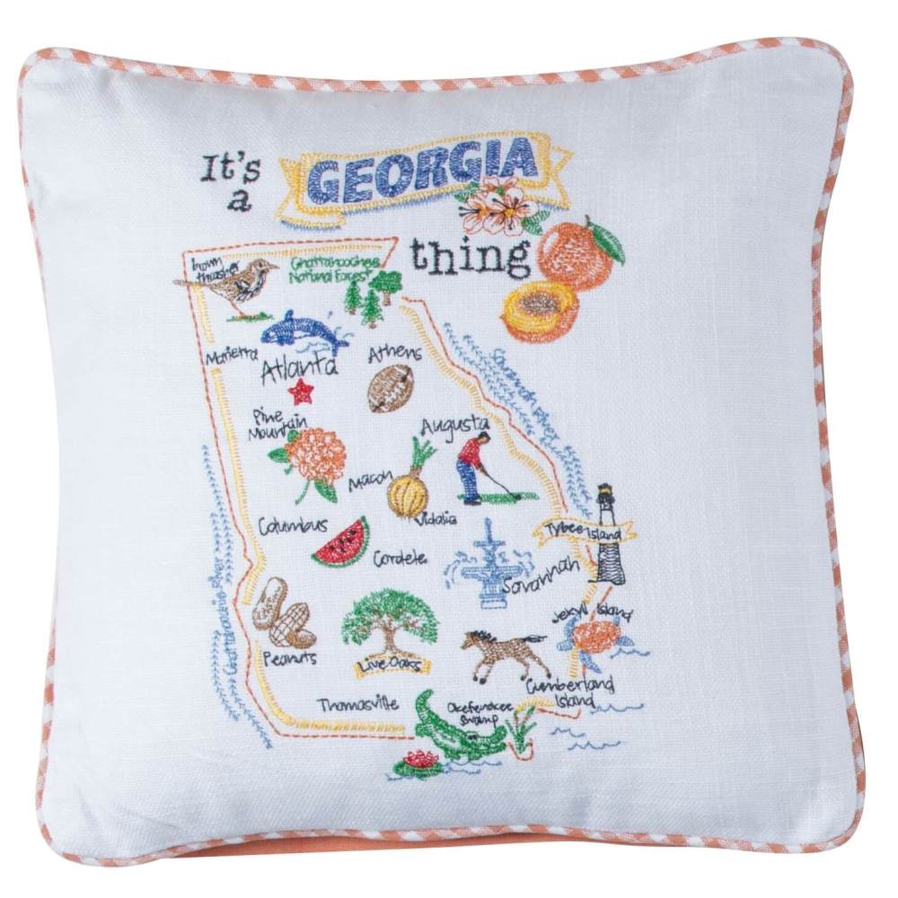 White Georgia State Pillow embroidered with city names and landmarks