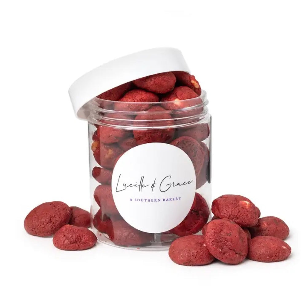 Jar of red velvet bite size cookies