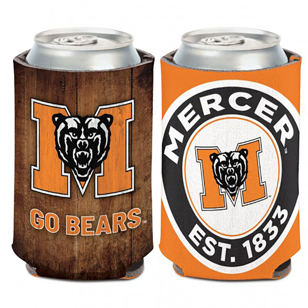 Mercer University coozie with logo and orange and black mascot