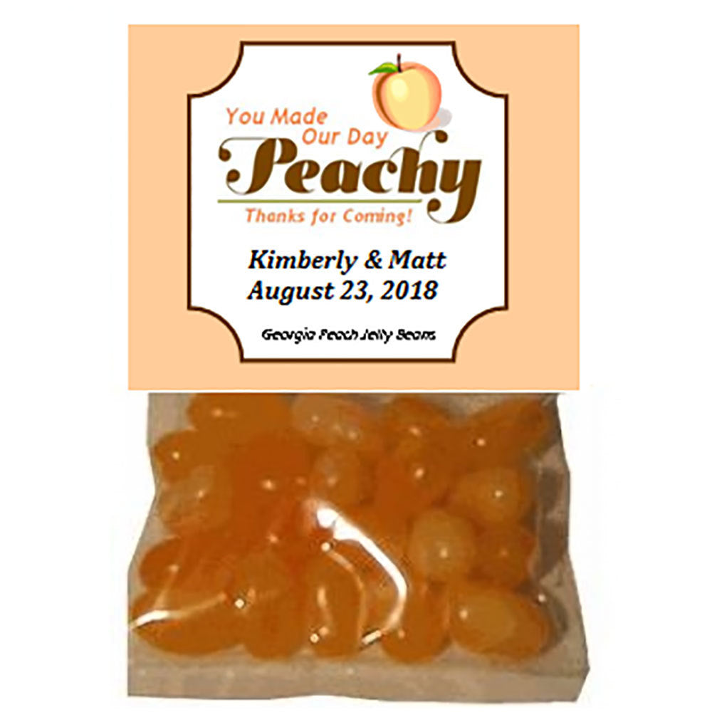 Small bag of peach flavored jelly beans with a customizable You Made Our Day Peachy label