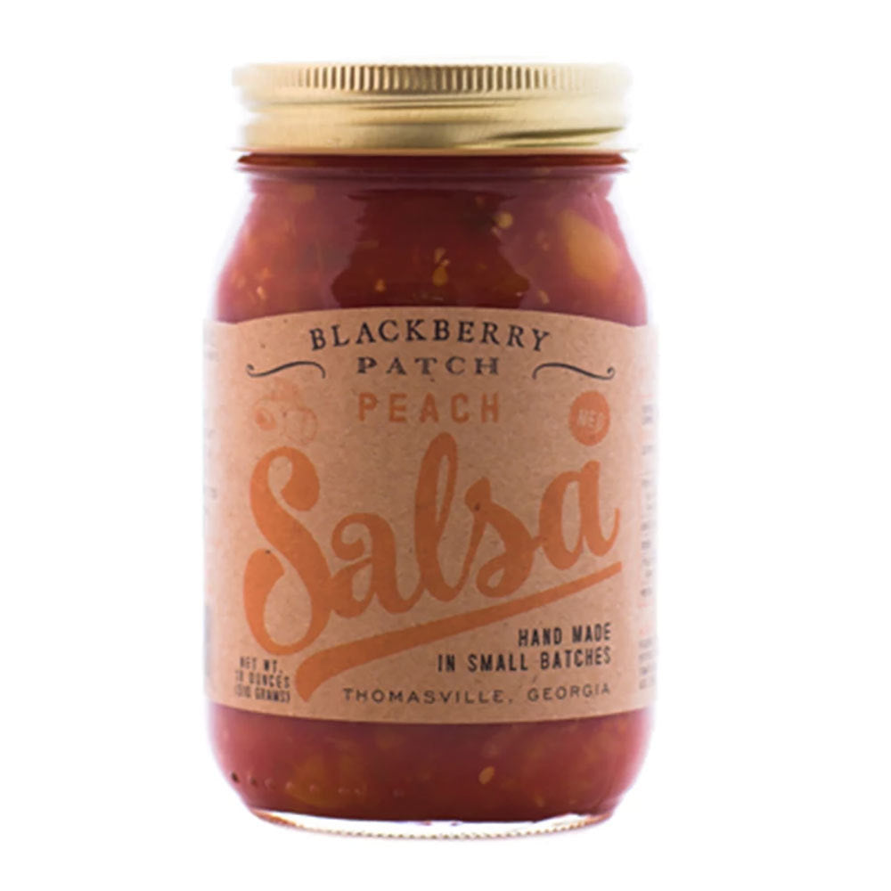 Jar of peach salsa from Georgia with kraft colored label