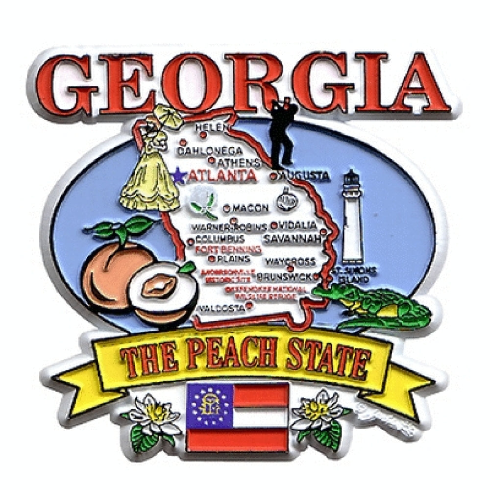 Rubber Georgia magnet with state of Georgia and iconic images of a Southern Belle, Georgia Peach, Tybee Island Lighthouse, etc.