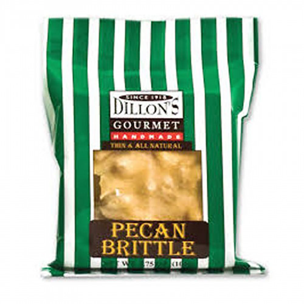 Green and white striped bag of Georgia pecan brittle which can be seen through the window of the bag
