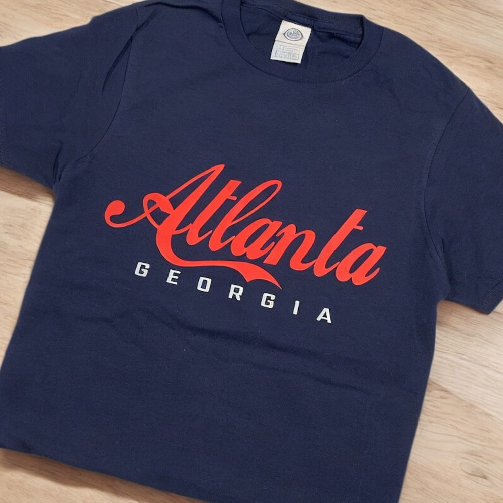 Navy Atlanta Georgia shirt with red and white print