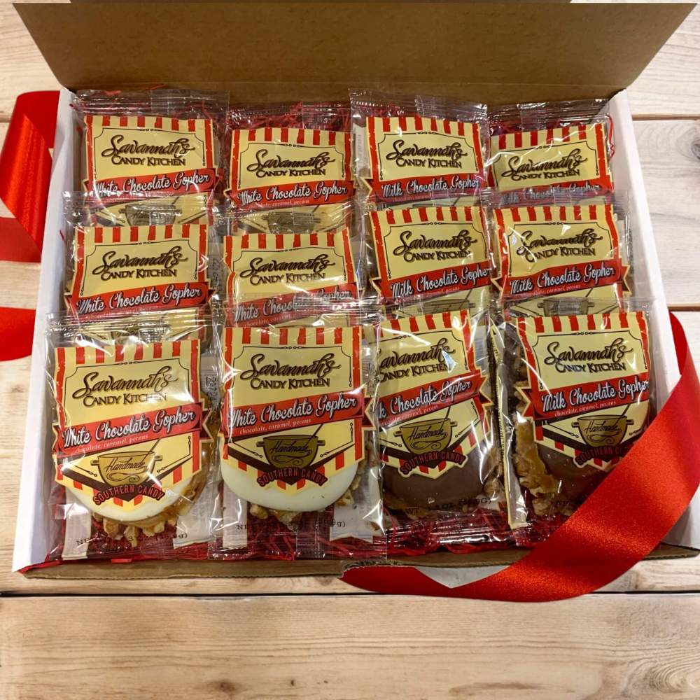 Savannah Candy Kitchen Best Sellers Duo gift box with milk chocolate and white chocolate gopher turtles with red bow