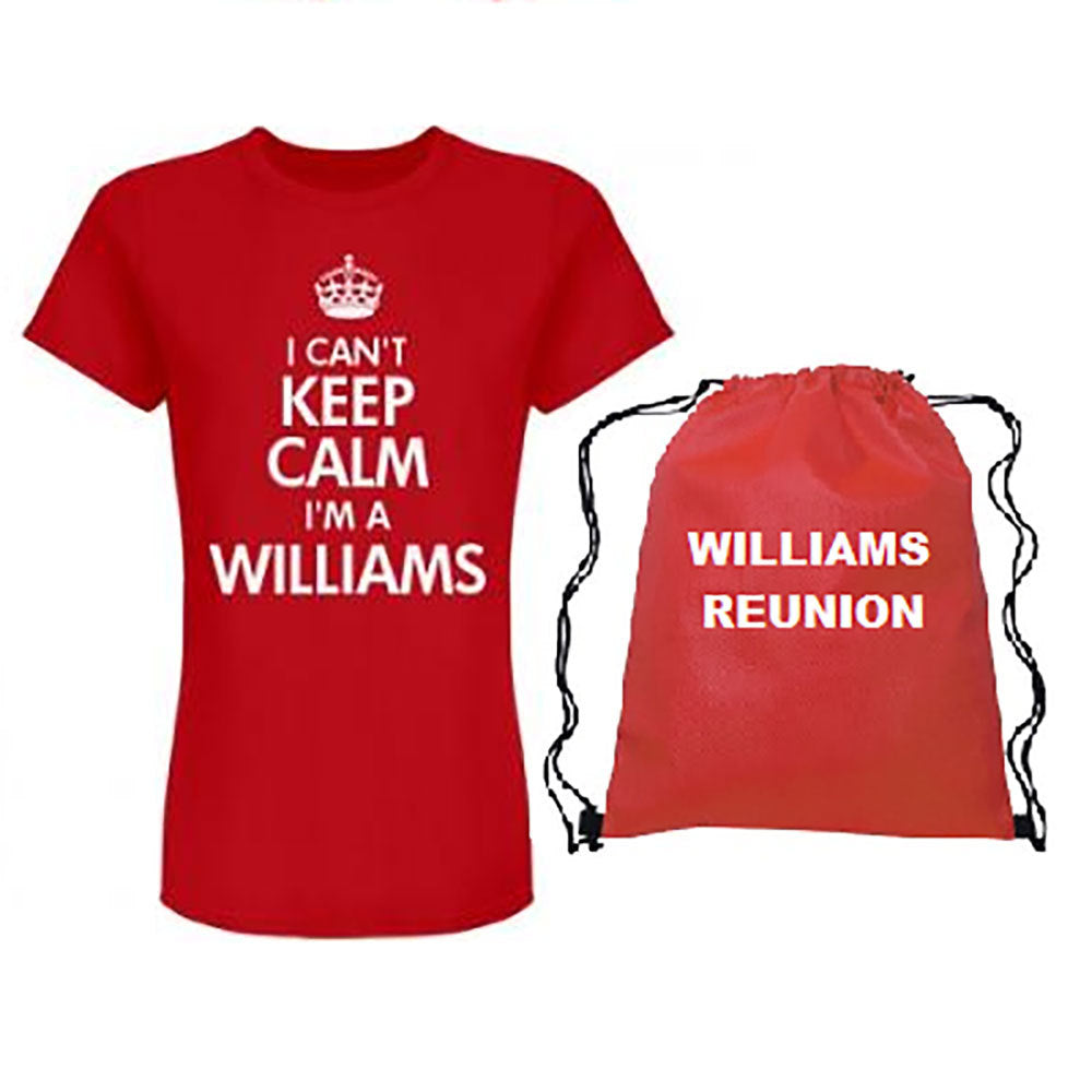 Red family reunion shirt and matching drawstring backpack with white imprint on both