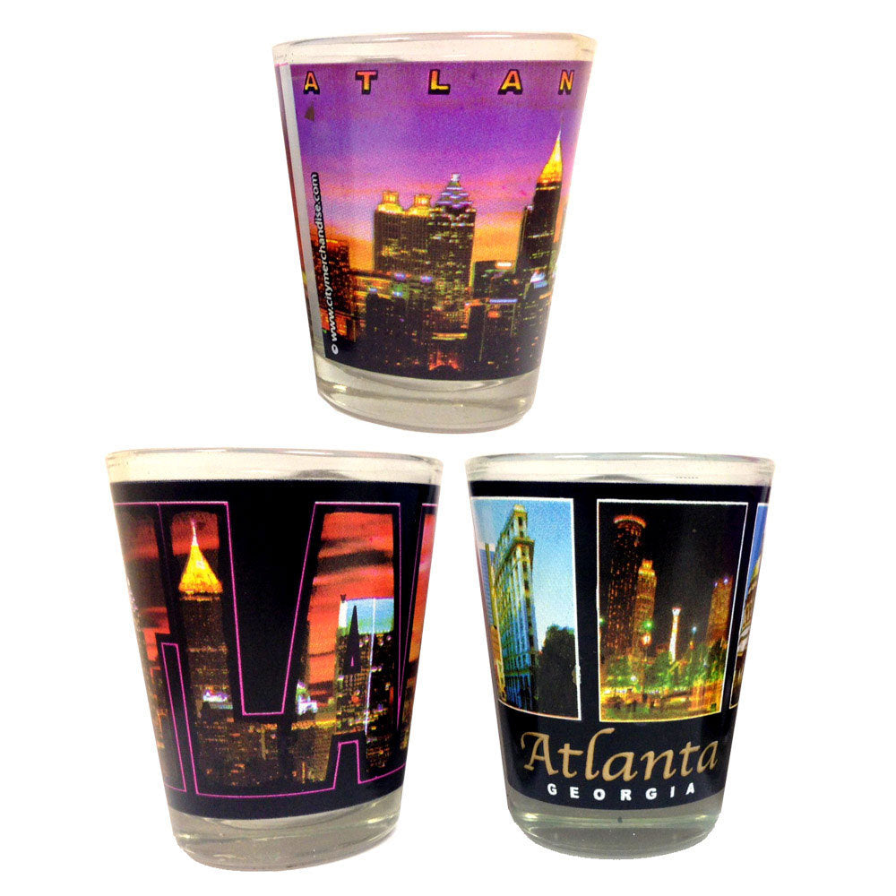 Set of three Atlanta shot glasses with Atlanta skyline designs shown individually