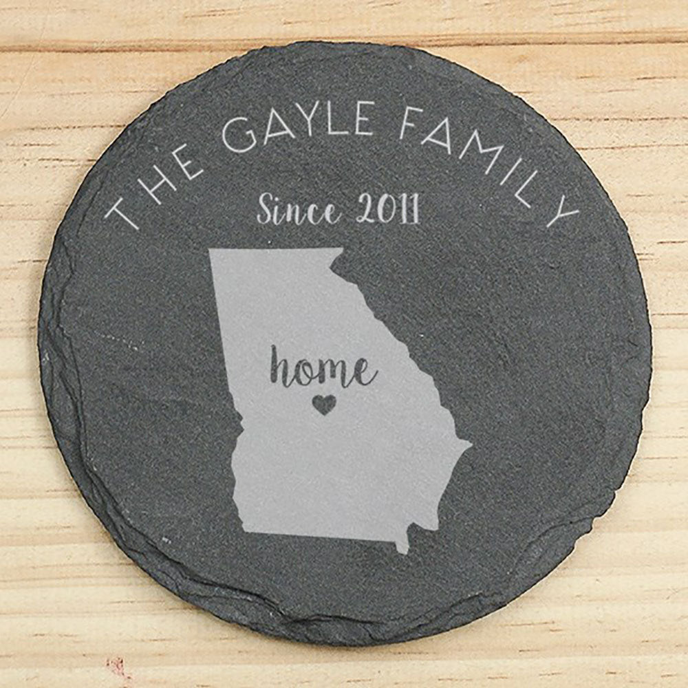 Round personalized Georgia slate coaster set with outline of Georgia map