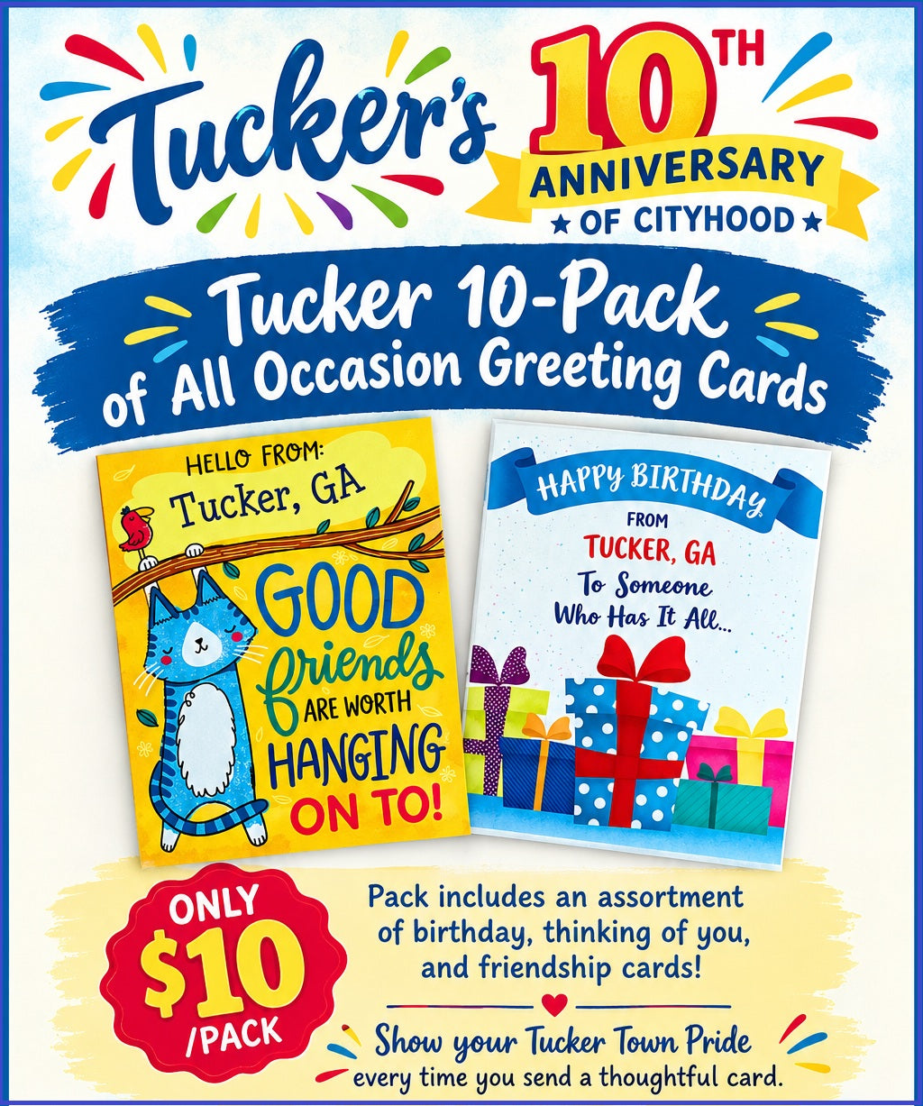 Promotional graphic for the Tucker 10-Pack of all occasion greeting cards from Tucker&