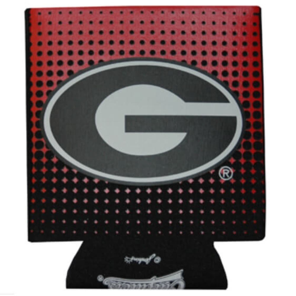University of Georgia can holder coozie with big G logo and dotted background in red and black.