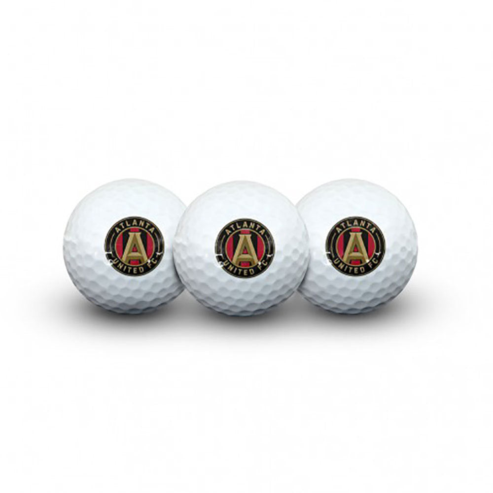 Three golf balls with Atlanta United FC logo on a white background