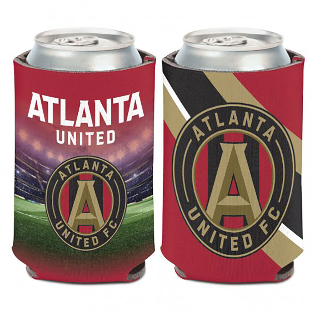 Red drink holder with Atlanta United logo and stadium and Atlanta United logo with stripes on the reverse