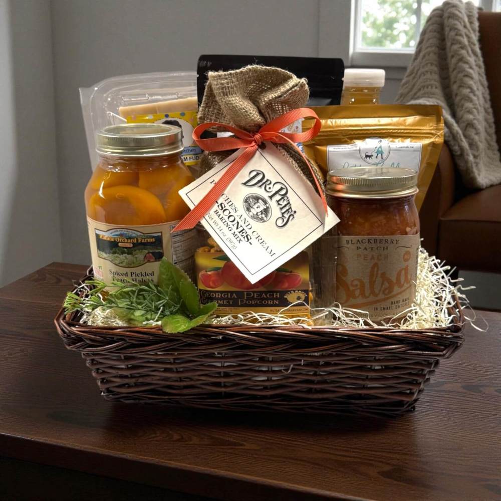 Gift Basket with a variety of peach scones mix, salsa, popcorn,  preserves and a variety of peach flavored products from Georgia