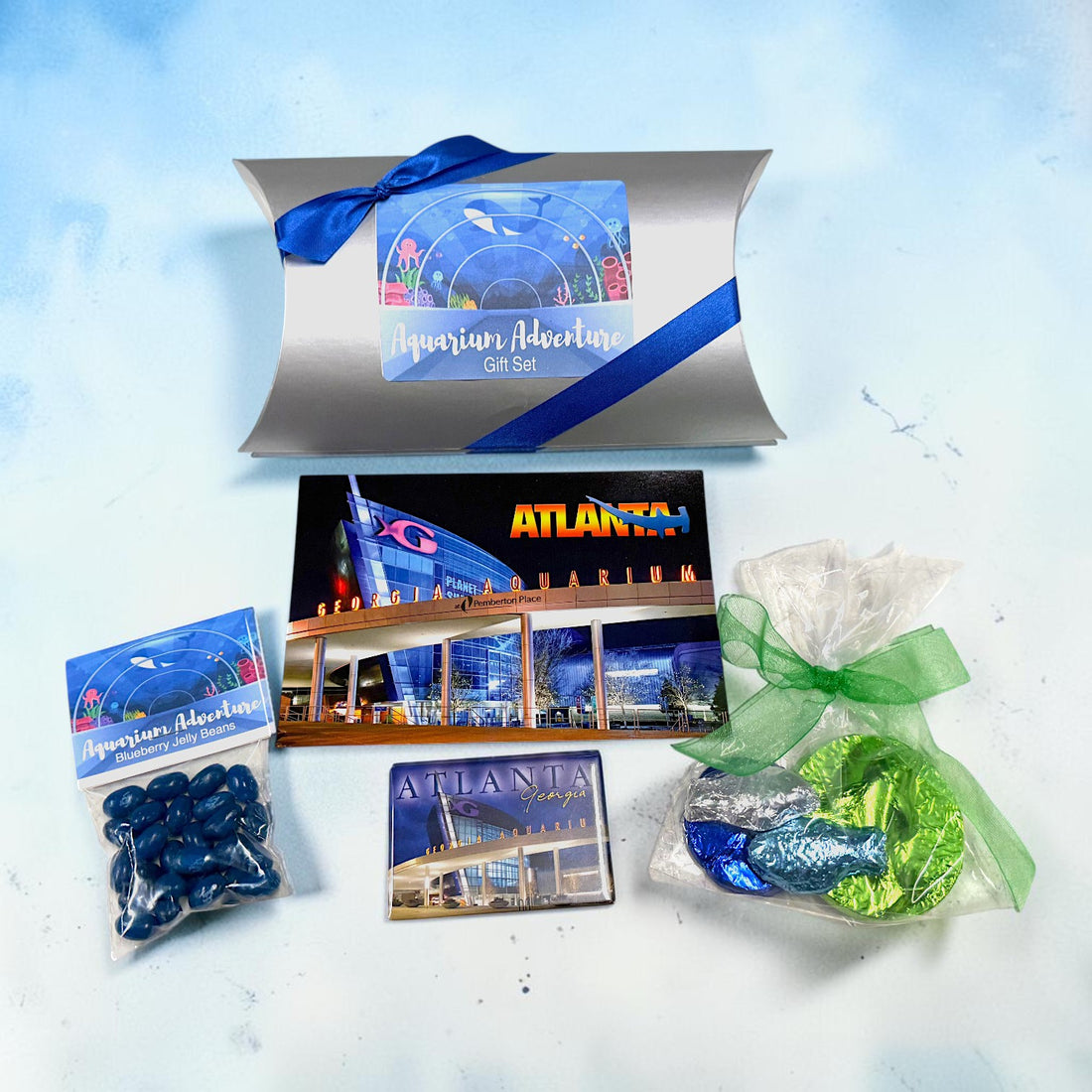 Aquarium Adventure gift box with postcard, chocolate fish, magnet and blueberry jelly beans