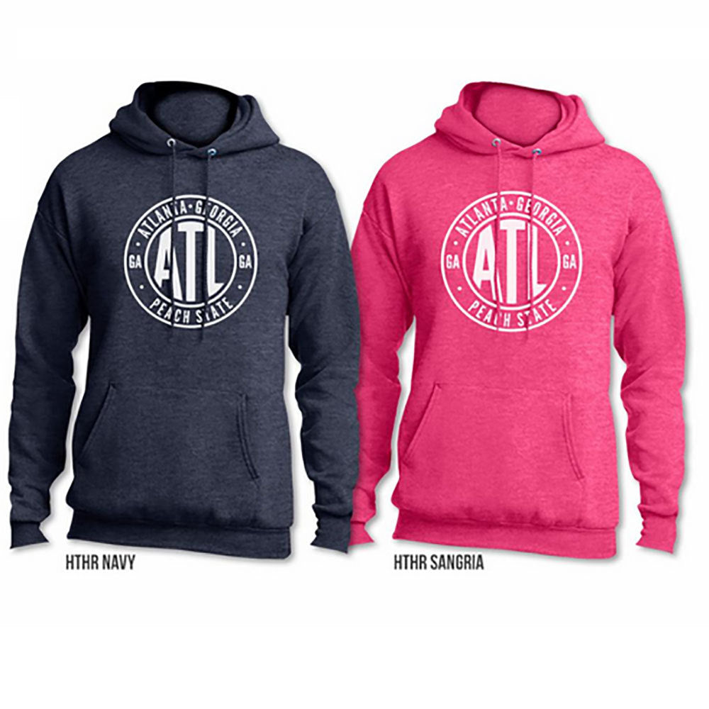 Navy and hot pink Atlanta hoodie options with white circle ATL design on front