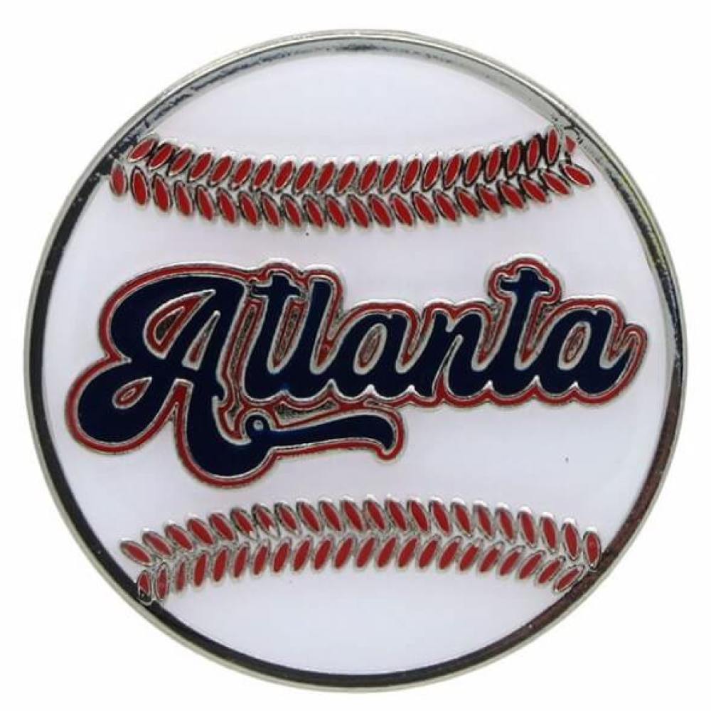 Round metal Atlanta magnet with baseball design in red, white and blue.