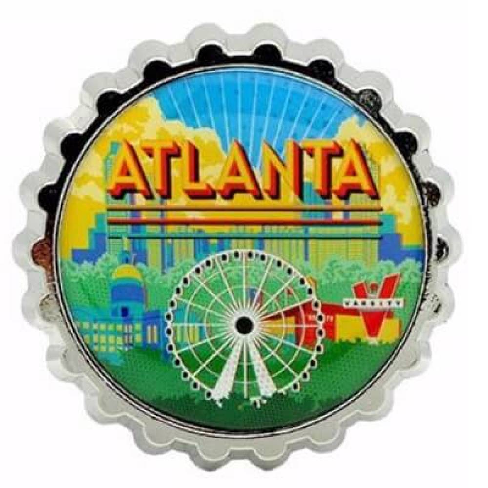 Colorful Atlanta magnet in the shape of a bottle opener features Atlanta skyline, The Varsity Restaurant, and State Capitol.