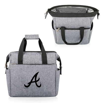 Atlanta Braves gray cooler bag with black handles and a logo on a white background