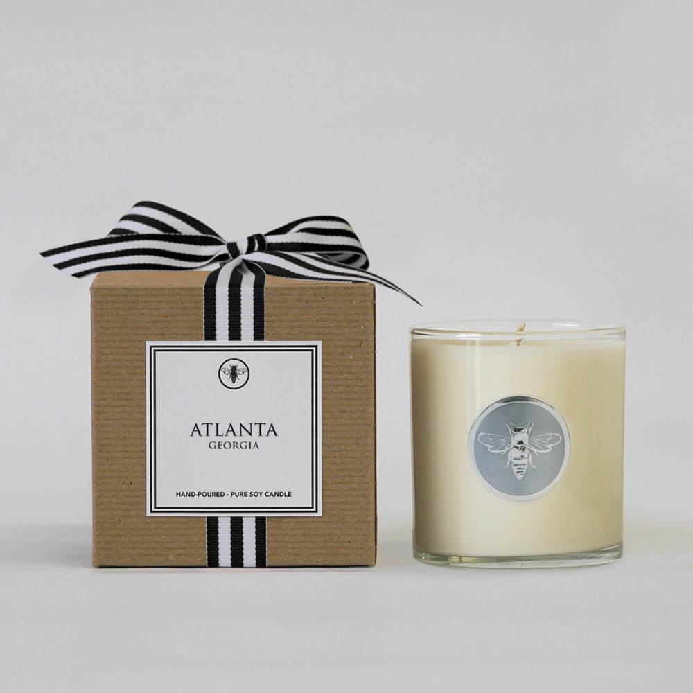 Atlanta Georgia candle in kraft gift box with black and white striped ribbon