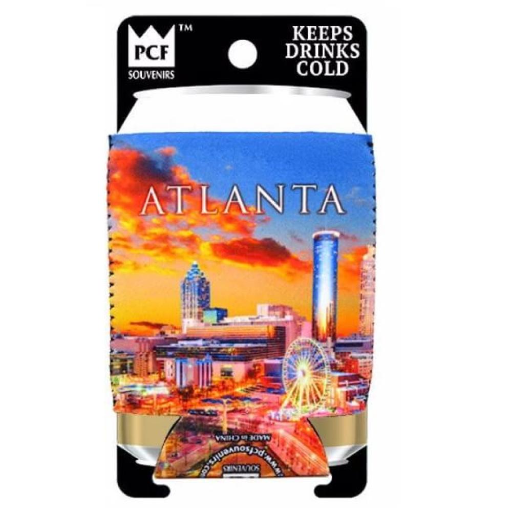 Drink coozie can holder features colorful image of the downtown Atlanta skyline.
