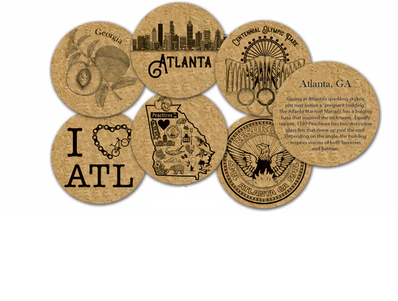 Set of cork coasters with various designs and text on a white background