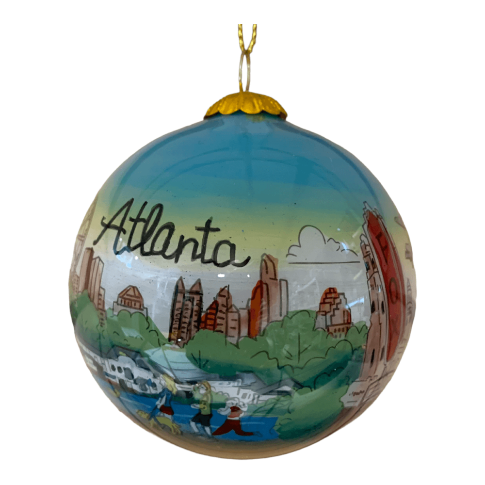 Hand-painted glass Atlanta ornament features local landmarks, including Fox Theatre, Skyline Ferris Wheel and State Capitol.